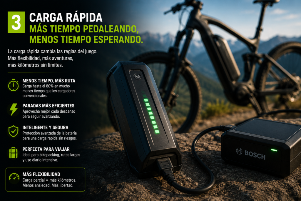 Sistema de carga rápida para baterías de e-bike Bosch en entorno de montaña, mostrando tecnología avanzada, recarga eficiente, mayor autonomía y libertad para rutas largas en bicicletas eléctricas modernas.