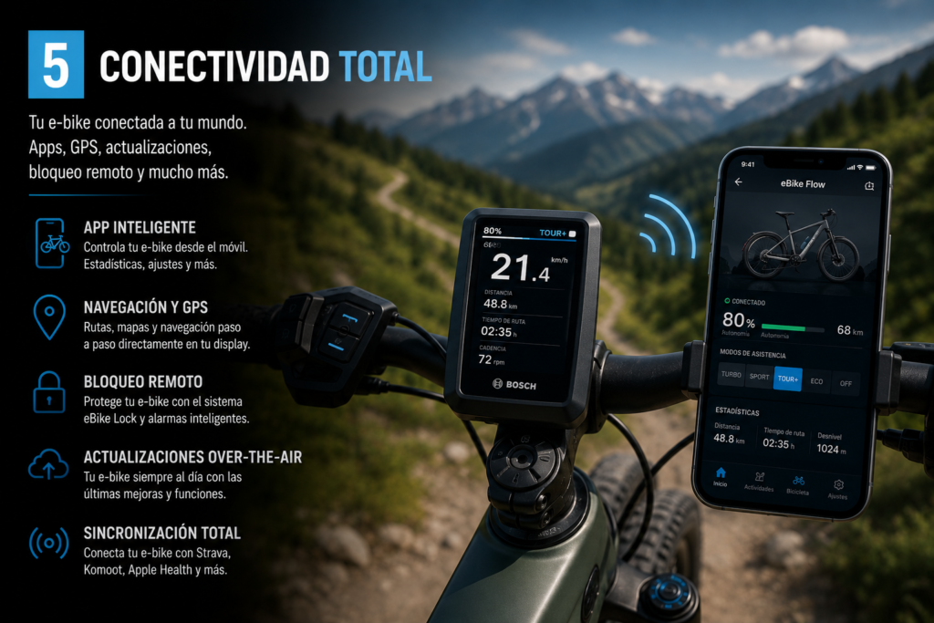 Sistema de conectividad inteligente para e-bike Bosch con pantalla digital y app móvil, mostrando GPS, estadísticas, bloqueo remoto, sincronización avanzada y control total para bicicletas eléctricas modernas.
