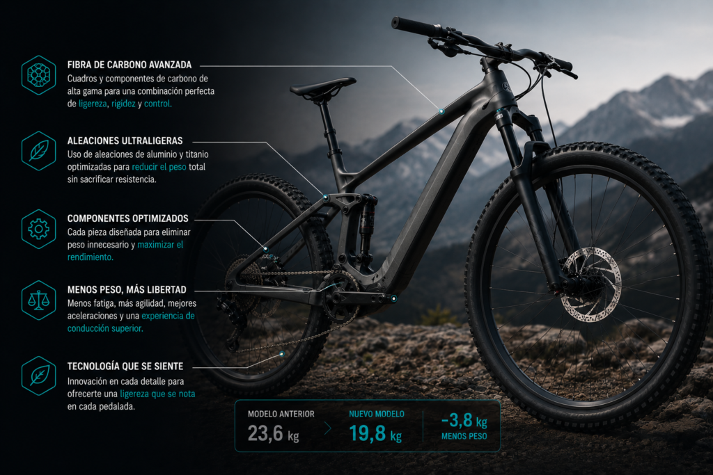 Bicicleta eléctrica de montaña de alta gama con diseño ligero y materiales avanzados, mostrada en terreno montañoso con enfoque visual en reducción de peso, rendimiento premium y tecnología de última generación.