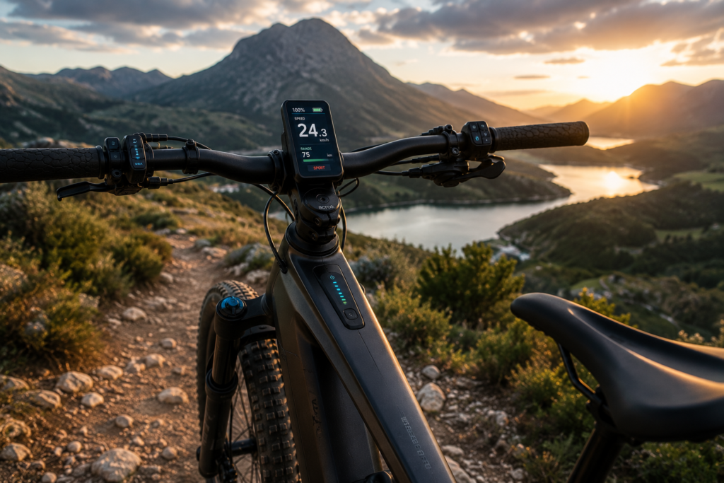 Bicicleta eléctrica premium con tecnología avanzada en ruta